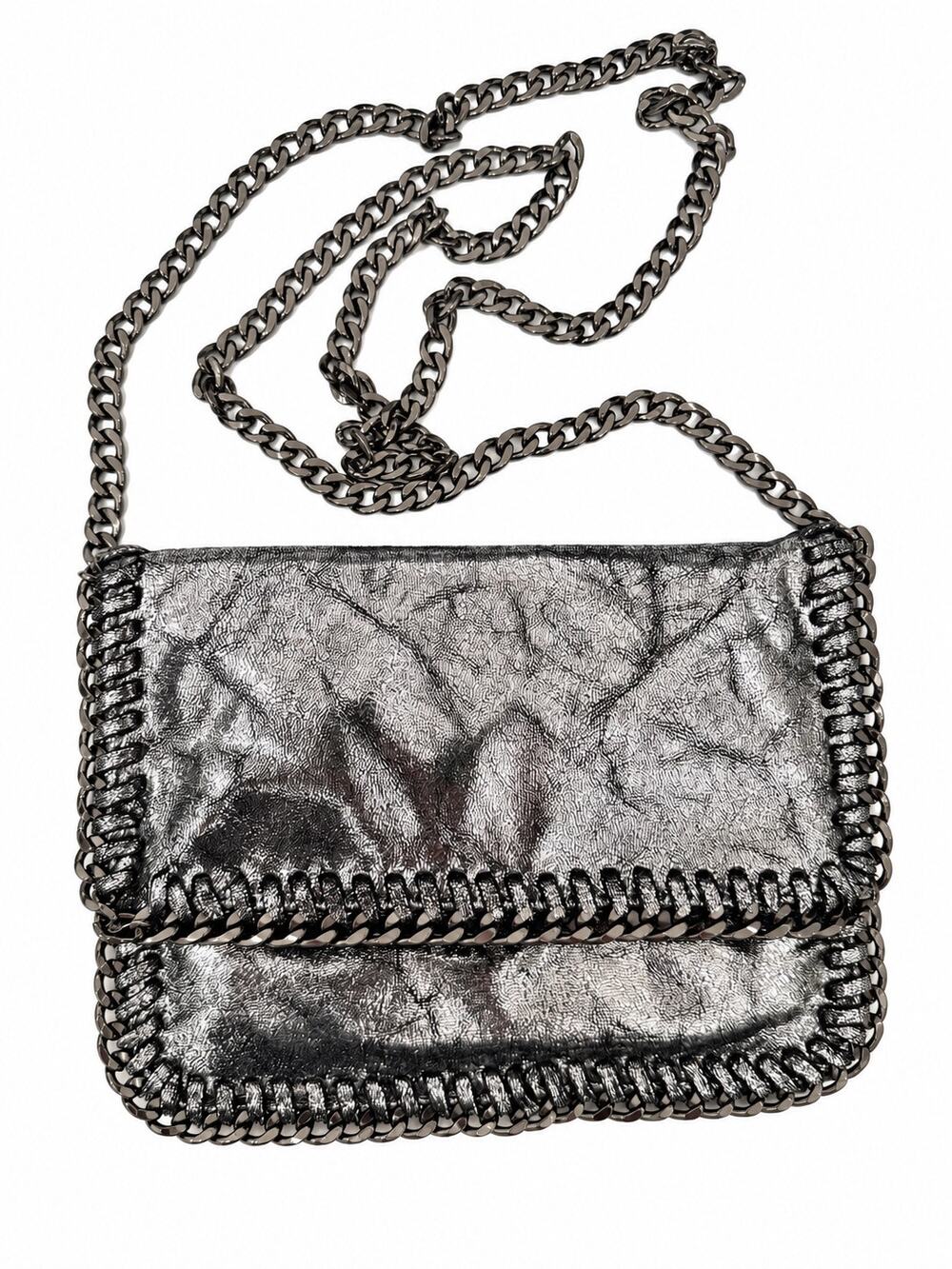 Metallic Silver Vegan Leather Chain Crossbody Bag